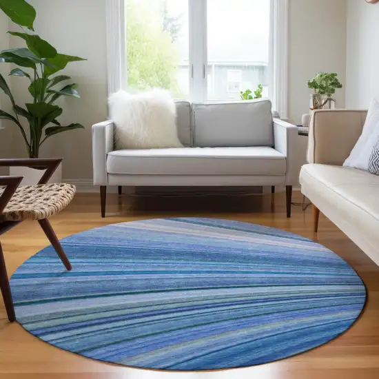 Blue Round Abstract Washable Non Skid Indoor Outdoor Area Rug Photo 8