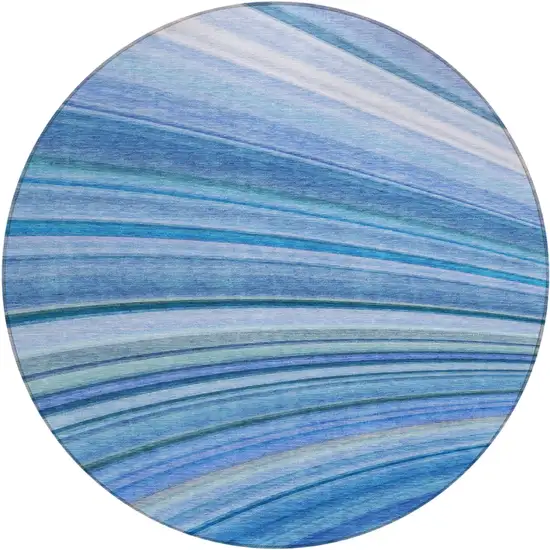 Blue Round Abstract Washable Non Skid Indoor Outdoor Area Rug Photo 2