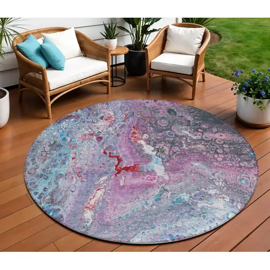 Blue Round Abstract Washable Non Skid Indoor Outdoor Area Rug Photo 1