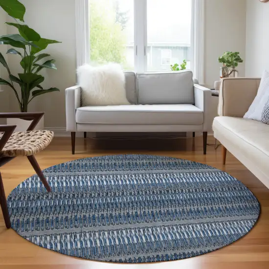 Blue Round Striped Washable Non Skid Indoor Outdoor Area Rug Photo 7