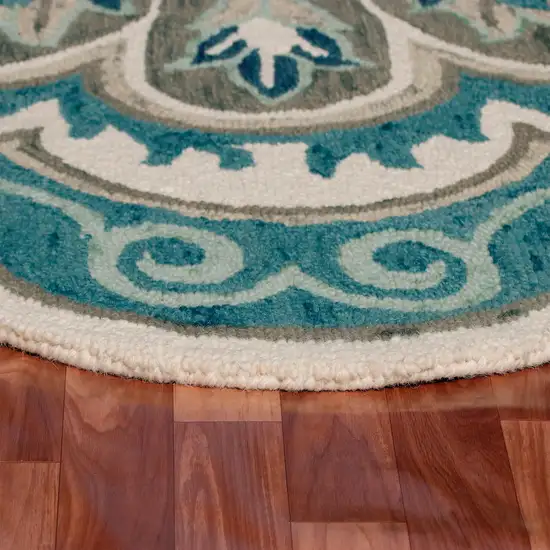 Blue Round Wool Floral Hand Tufted Area Rug Photo 6