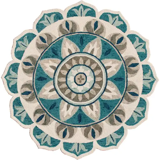 Blue Round Wool Floral Hand Tufted Area Rug Photo 1