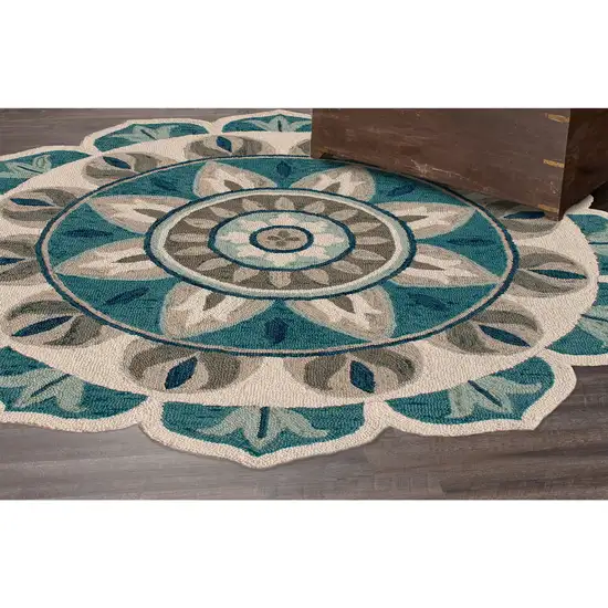 Blue Round Wool Floral Hand Tufted Area Rug Photo 3