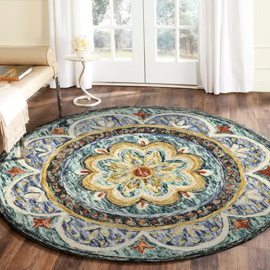 Blue Round Wool Floral Hand Tufted Area Rug Photo 8