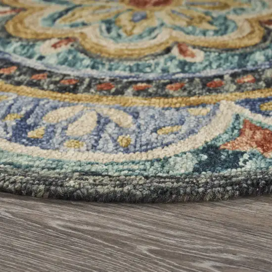 Blue Round Wool Floral Hand Tufted Area Rug Photo 4