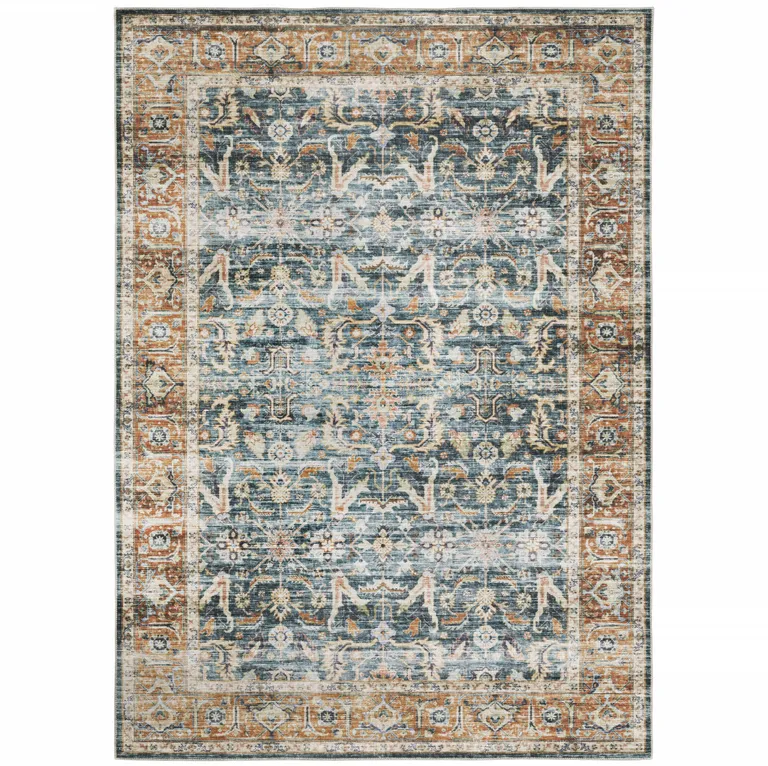 Blue Rust Gold And Olive Oriental Printed Stain Resistant Non Skid Area Rug Photo 1