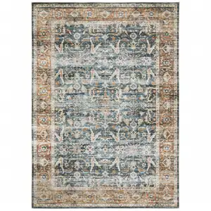 Photo of Blue Rust Gold And Olive Oriental Printed Stain Resistant Non Skid Area Rug