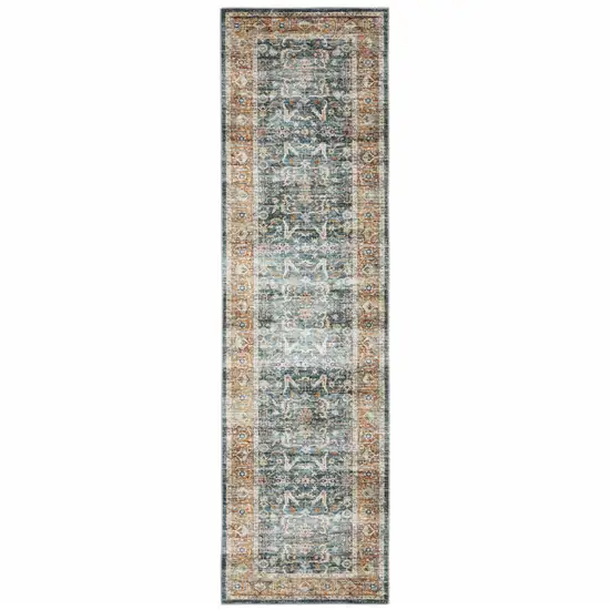 Blue Rust Gold And Olive Oriental Printed Stain Resistant Non Skid Runner Rug Photo 1