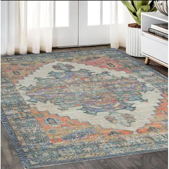 5'X7' Blue Rust Orange Hand Woven Diamond Medallion Indoor Area Rug Photo 2