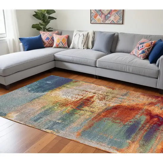 Blue Rust Orange Machine Woven Abstract Brushstrokes Indoor Area Rug Photo 1