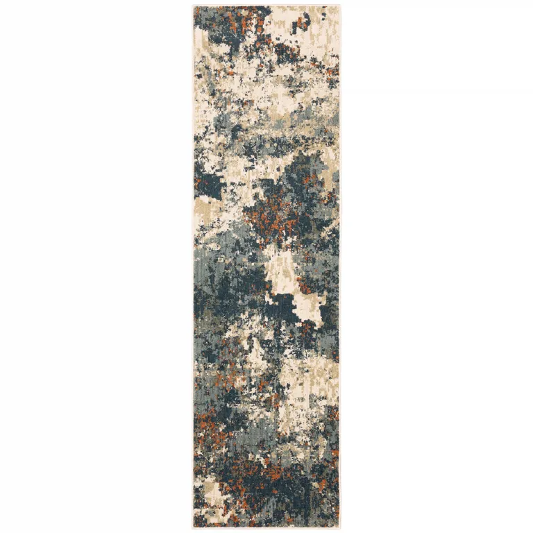 Blue Sage And Orange Abstract Power Loom Stain Resistant Runner Rug Photo 1