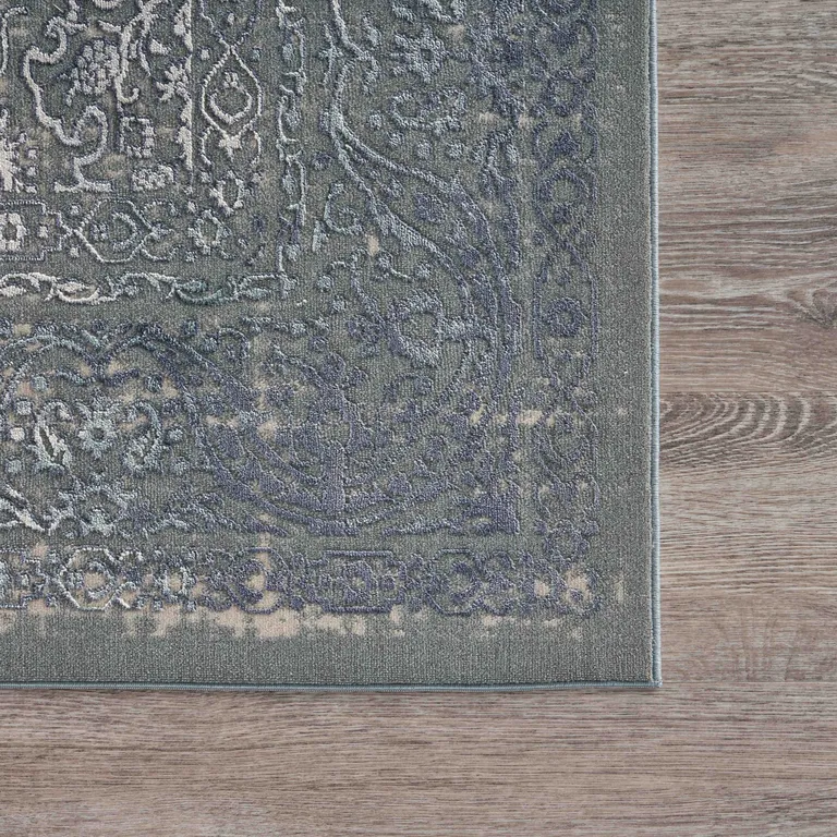 Blue Silver Gray And Cream Damask Distressed Stain Resistant Area Rug Photo 2