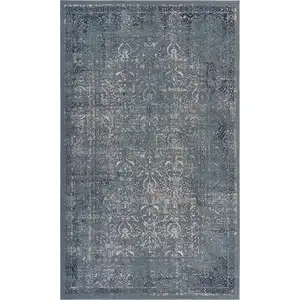 Photo of Blue Silver Gray And Cream Damask Distressed Stain Resistant Area Rug