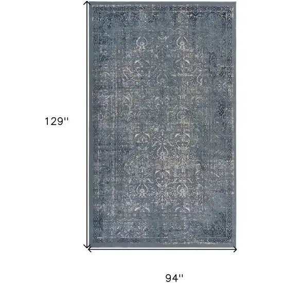 Blue Silver Gray And Cream Damask Distressed Stain Resistant Area Rug Photo 8