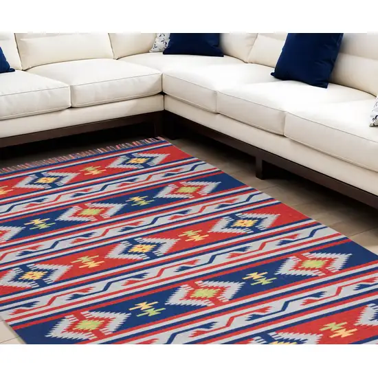 Blue Southwestern Handmade Area Rug With Fringe Photo 2