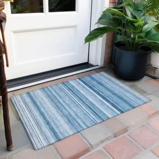 Blue Striped Washable Non Skid Indoor Outdoor Area Rug Photo 6