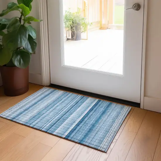 Blue Striped Washable Indoor Outdoor Area Rug Photo 7