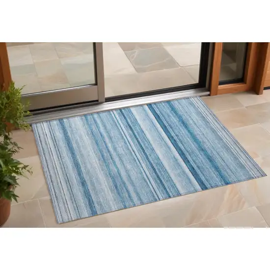 Blue Striped Washable Non Skid Indoor Outdoor Area Rug Photo 1