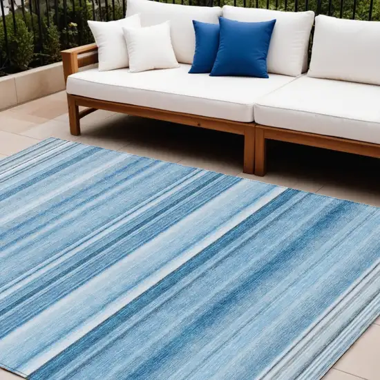 Blue Striped Washable Non Skid Indoor Outdoor Area Rug Photo 1