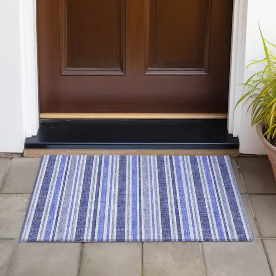 Blue Striped Washable Non Skid Indoor Outdoor Area Rug Photo 7