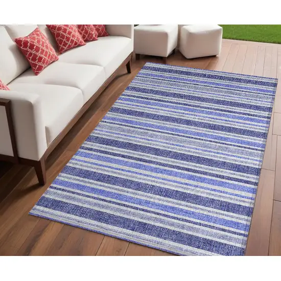 Blue Striped Washable Non Skid Indoor Outdoor Area Rug Photo 1