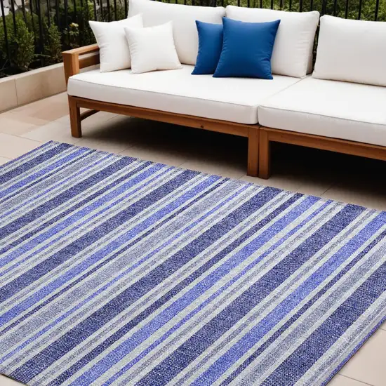 Blue Striped Washable Non Skid Indoor Outdoor Area Rug Photo 1