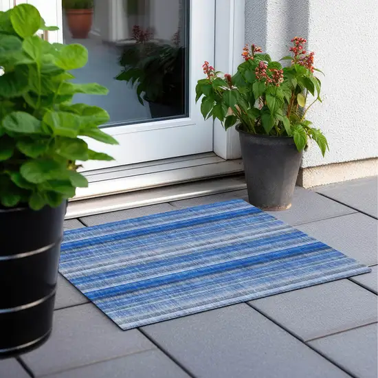 Blue Striped Washable Non Skid Indoor Outdoor Area Rug Photo 8