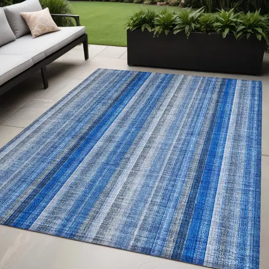 Blue Striped Washable Non Skid Indoor Outdoor Area Rug Photo 1