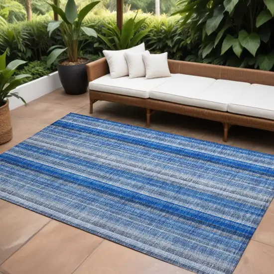 Blue Striped Washable Non Skid Indoor Outdoor Area Rug Photo 1