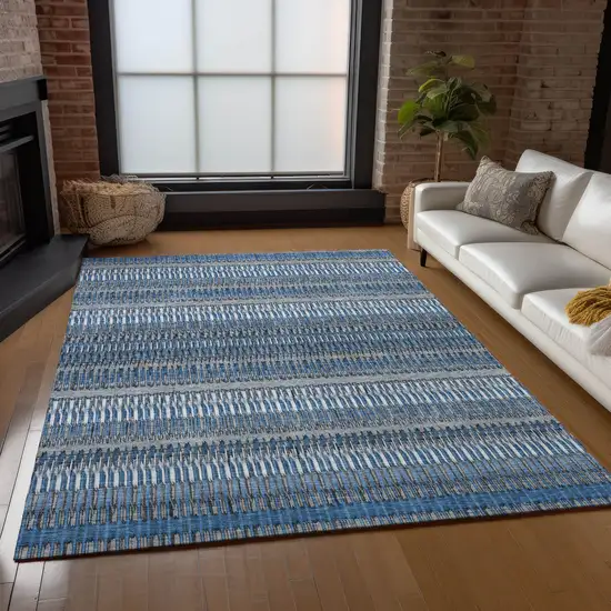 Blue Striped Washable Non Skid Indoor Outdoor Area Rug Photo 9