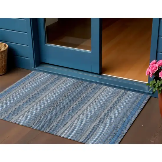 Blue Striped Washable Non Skid Indoor Outdoor Area Rug Photo 1