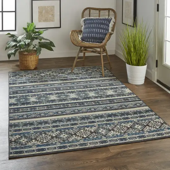 Blue Tan And Black Geometric Power Loom Distressed Stain Resistant Area Rug Photo 8