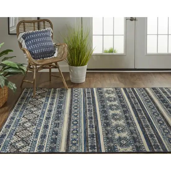 Blue Tan And Black Geometric Power Loom Distressed Stain Resistant Area Rug Photo 5