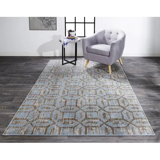 Blue Taupe And Ivory Floral Distressed Stain Resistant Area Rug Photo 7