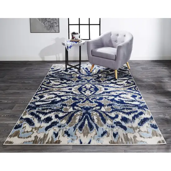 Blue Taupe And Ivory Ikat Distressed Area Rug Photo 3