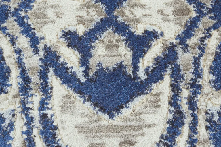 Blue Taupe And Ivory Round Ikat Distressed Stain Resistant Area Rug Photo 4