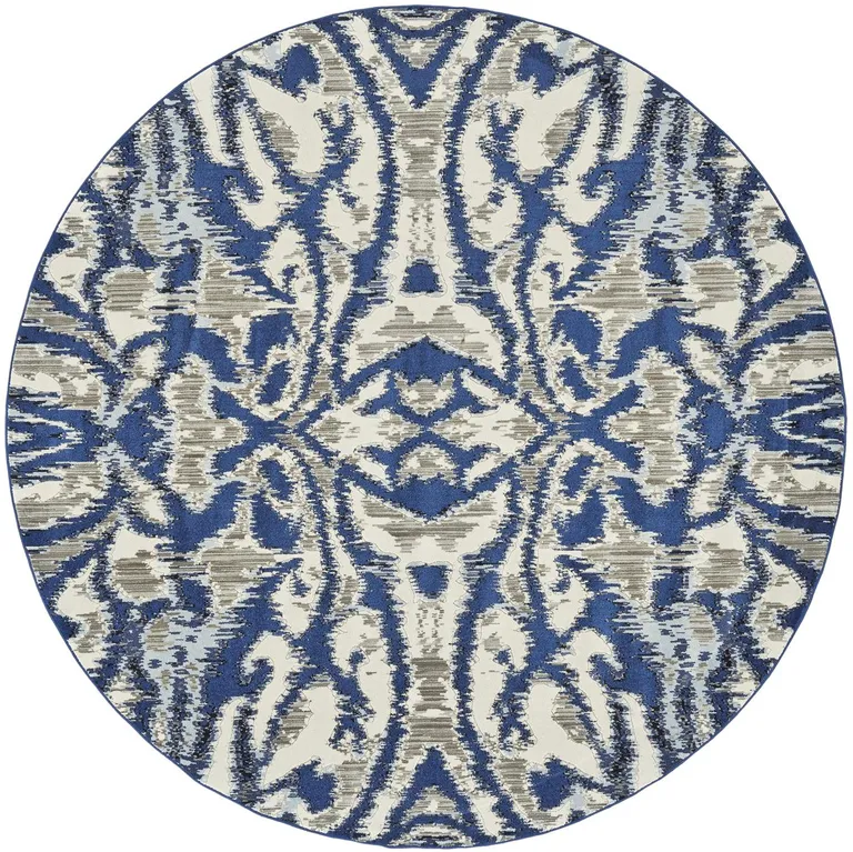 Blue Taupe And Ivory Round Ikat Distressed Stain Resistant Area Rug Photo 1