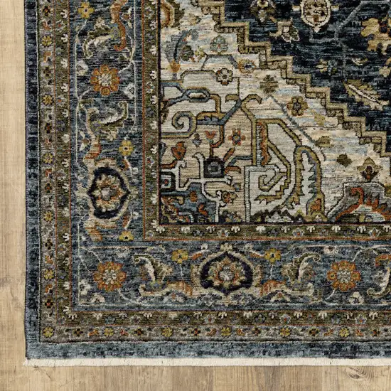 Blue Taupe Grey Green Rust Tan Beige And Gold Oriental Power Loom Stain Resistant Area Rug With Fringe Photo 2