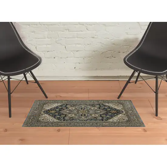 Blue Taupe Grey Green Rust Tan Beige And Gold Oriental Power Loom Stain Resistant Area Rug With Fringe Photo 3