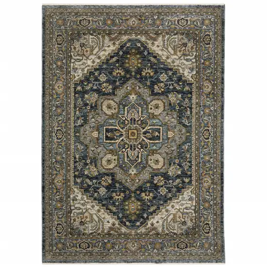 Blue Taupe Grey Green Rust Tan Beige And Gold Oriental Power Loom Stain Resistant Area Rug With Fringe Photo 1