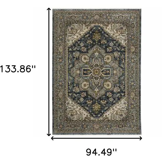 Blue and Green Oriental Power Loom Area Rug With Fringe Photo 3