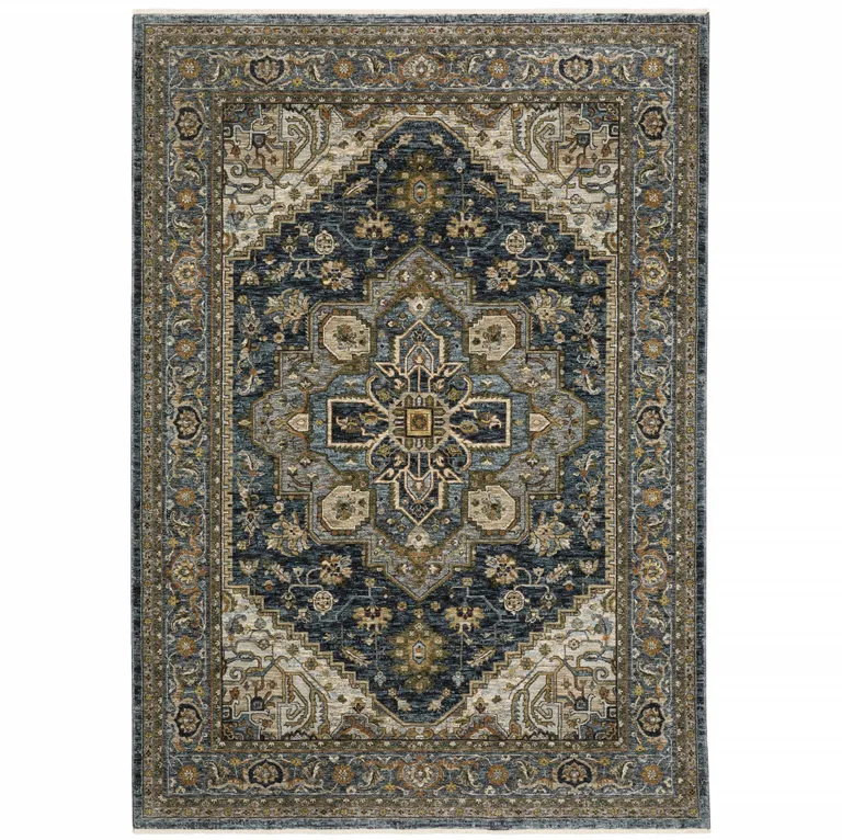 Blue Taupe Grey Green Rust Tan Beige And Gold Oriental Power Loom Stain Resistant Area Rug With Fringe Photo 1