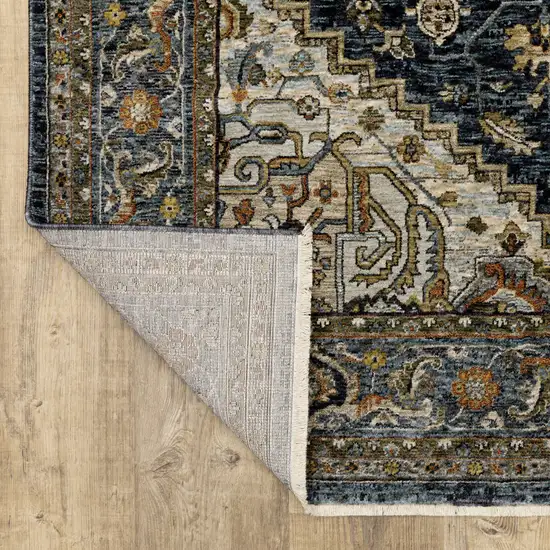 Blue Taupe Grey Green Rust Tan Beige And Gold Oriental Power Loom Stain Resistant Area Rug With Fringe Photo 8