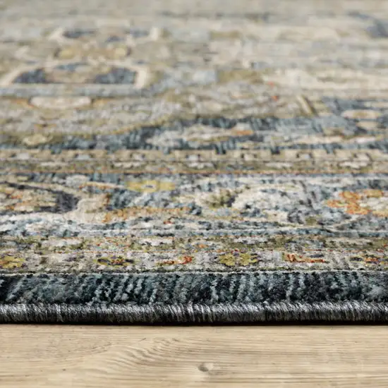 Blue Taupe Grey Green Rust Tan Beige And Gold Oriental Power Loom Stain Resistant Runner Rug With Fringe Photo 4