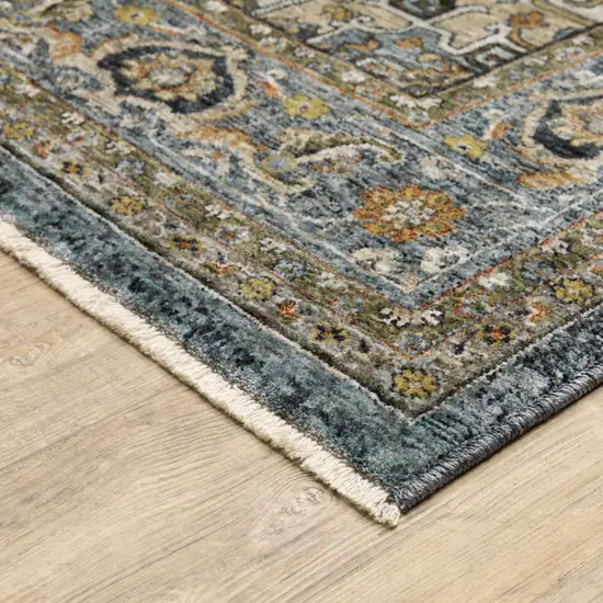 Blue Taupe Grey Green Rust Tan Beige And Gold Oriental Power Loom Stain Resistant Runner Rug With Fringe Photo 6