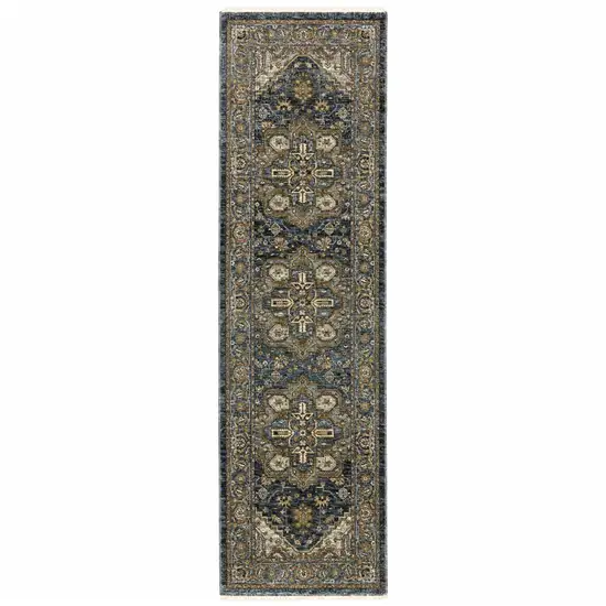 Blue Taupe Grey Green Rust Tan Beige And Gold Oriental Power Loom Stain Resistant Runner Rug With Fringe Photo 1