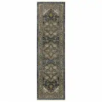 Photo of Blue Taupe Grey Green Rust Tan Beige And Gold Oriental Power Loom Stain Resistant Runner Rug With Fringe