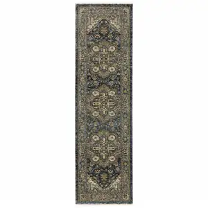 Photo of Blue Taupe Grey Green Rust Tan Beige And Gold Oriental Power Loom Stain Resistant Runner Rug With Fringe