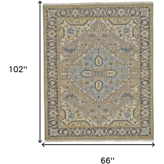 Blue Taupe and Tan Wool Oriental Hand Knotted Area Rug Photo 3