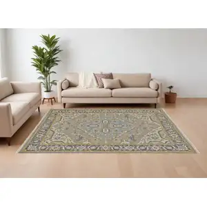 Photo of Blue Taupe and Tan Wool Oriental Hand Knotted Area Rug